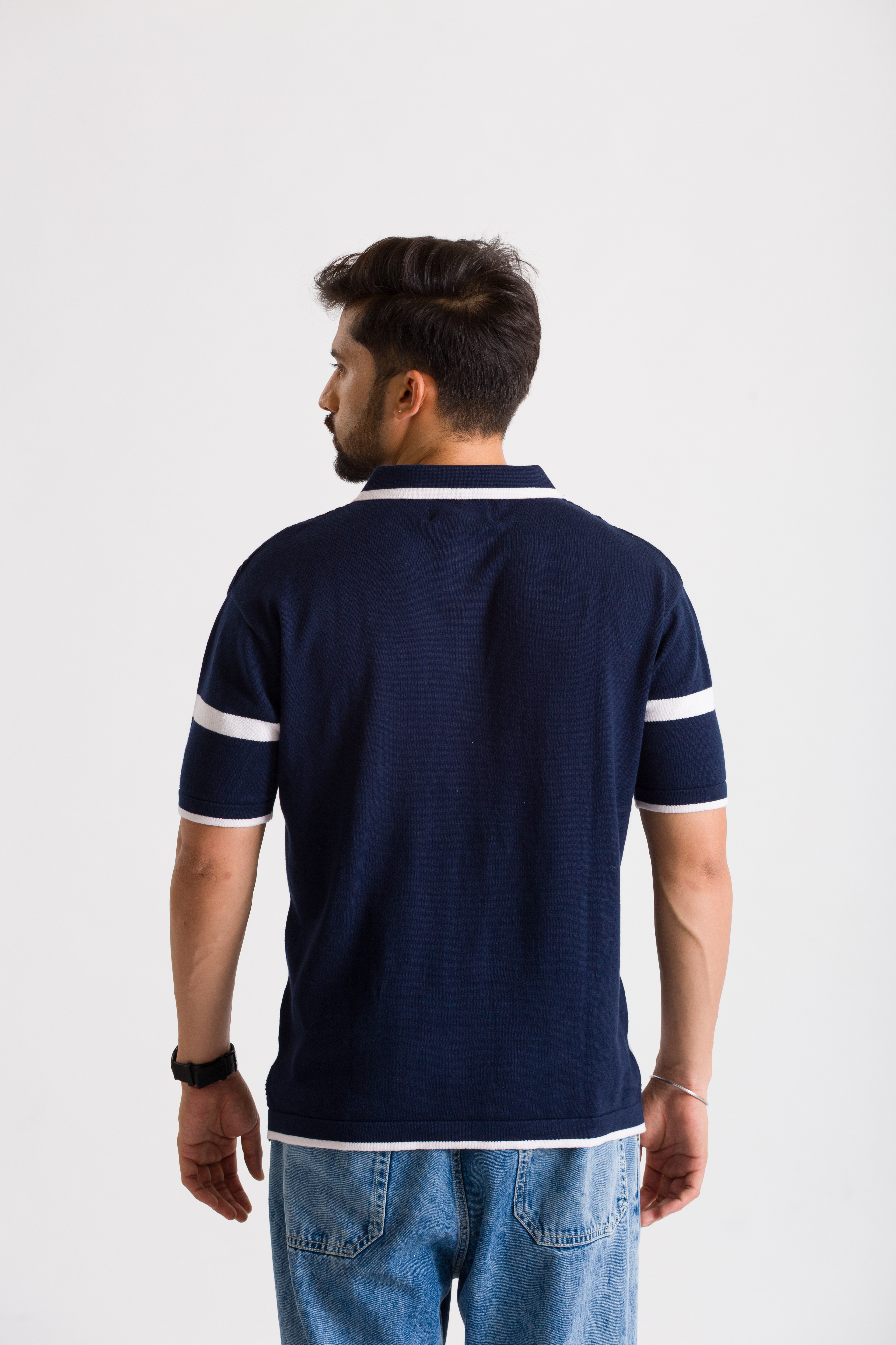 Knitted Navy Blue (White Curvy Stripe) Polo T-Shirt